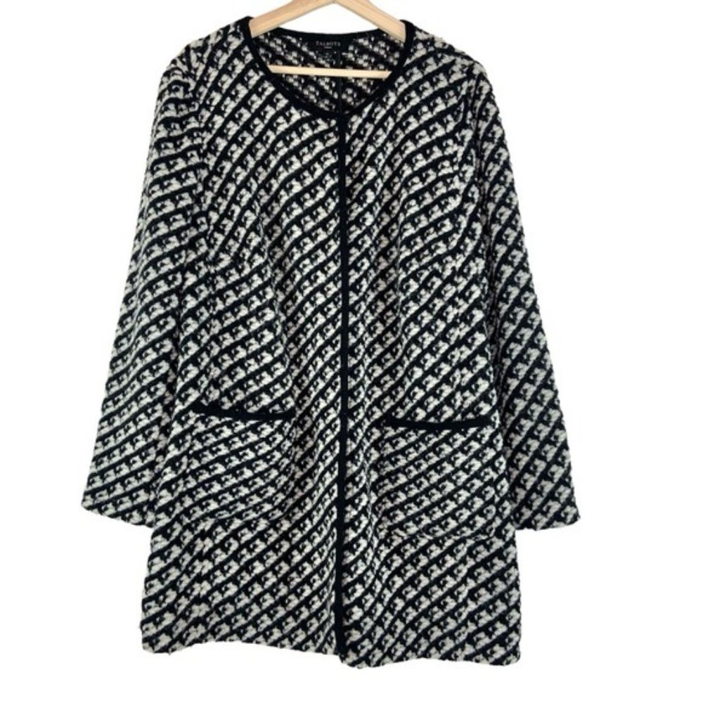 Talbots Chunky Knit Sweater Jacket in Black and White ArrowKnit Lonngline Topper - Picture 2 of 7